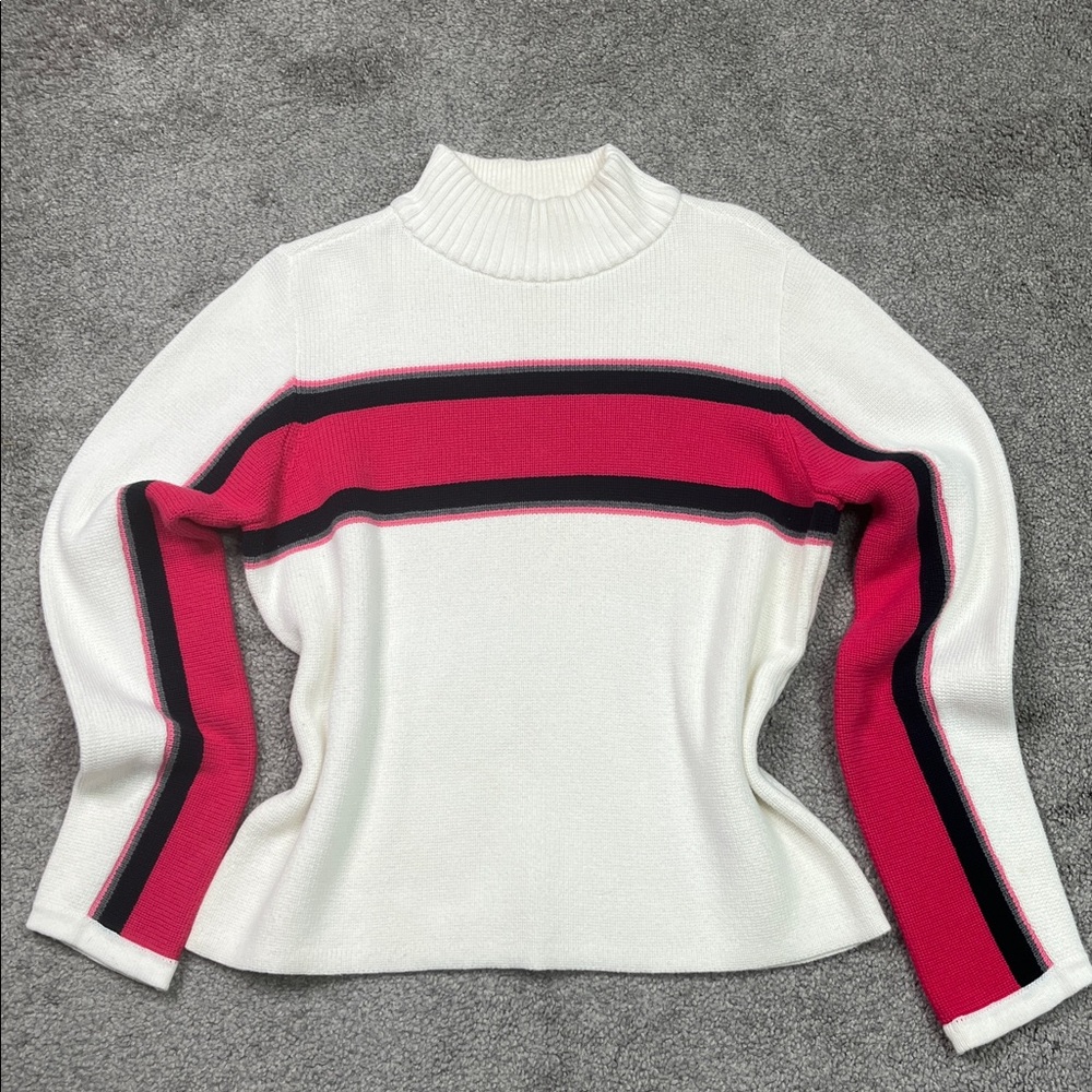 Vintage Cotton Turtleneck Sweater Cream Navy Hot Pink Striped Medium Petite